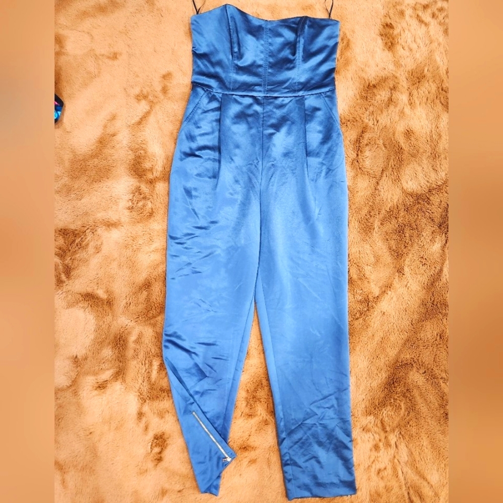 RACHEL Rachel Roy, womens (12), Strapless,Satin Blue Jumpsuit with gold zippers